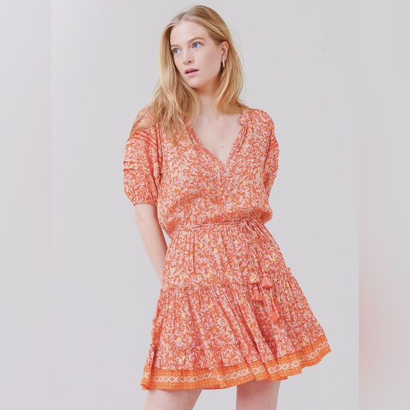 Poupette St Barth Bona Short Sleeve Mini Length Lemon Print Orange Large L - Picture 1 of 14